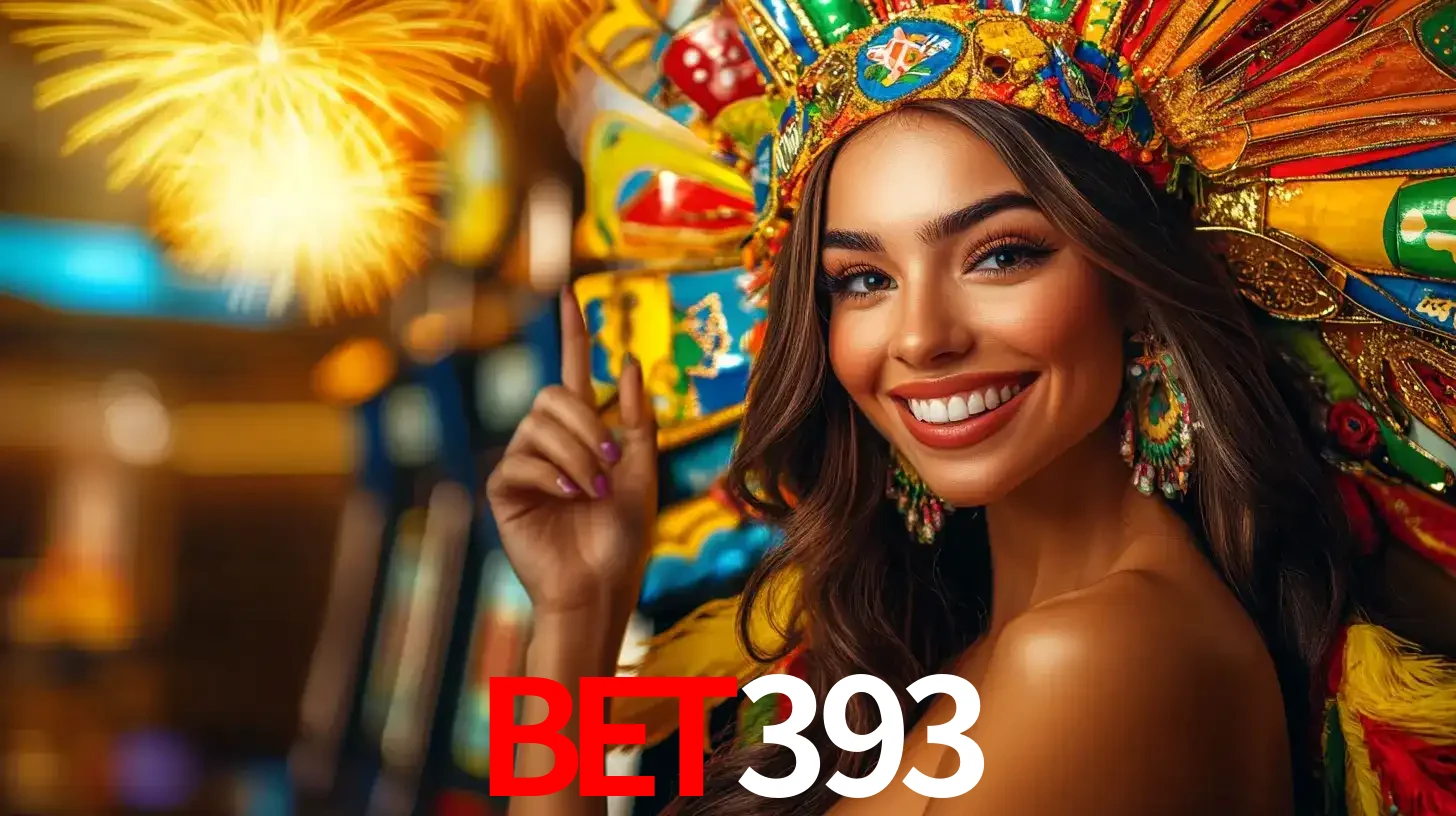 Mulher sorridente com um cocar de carnaval vibrante e colorido, celebrando uma grande vitória nos jogos do cassino BET393 com fogos de artifício ao fundo.