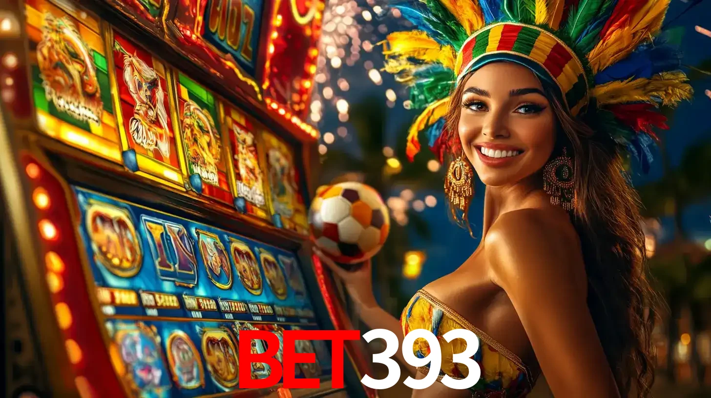 Mulher com um cocar de carnaval ao lado de uma máquina de caça-níqueis enquanto segura uma bola de futebol, mostrando a união da diversão de cassino e esportes no BET393.