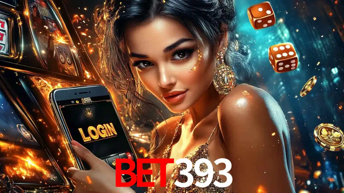 Mulher glamourosa segurando um celular com a tela de login do cassino BET393, rodeada por dados e moedas douradas, pronta para começar a diversão.