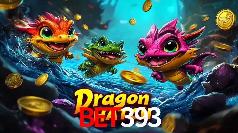 Arte promocional do jogo Dragon Hatch com três adoráveis dragões bebês nadando entre moedas de ouro, um dos slots mais divertidos para jogar no cassino BET393.