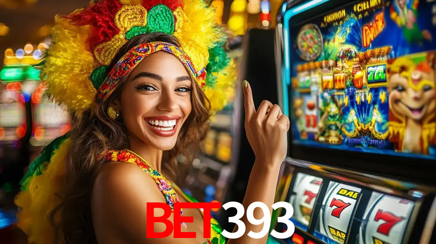 Mulher animada com um cocar de carnaval apontando para uma máquina de caça-níqueis, mostrando a emoção de ganhar um grande prêmio nos jogos do BET393.