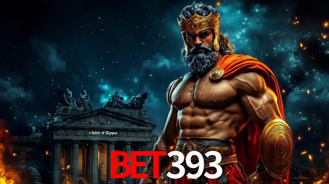 O poderoso Zeus do jogo de slot Gates of Olympus em frente ao seu templo, pronto para lançar multiplicadores divinos e prêmios épicos no cassino online BET393.