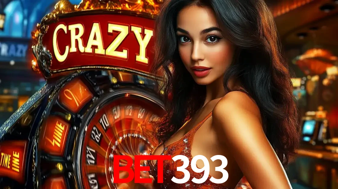 Mulher glamourosa olhando para a câmera com a roda vermelha do Crazy Time ao fundo em um ambiente de cassino, destacando a emoção dos jogos ao vivo no BET393.