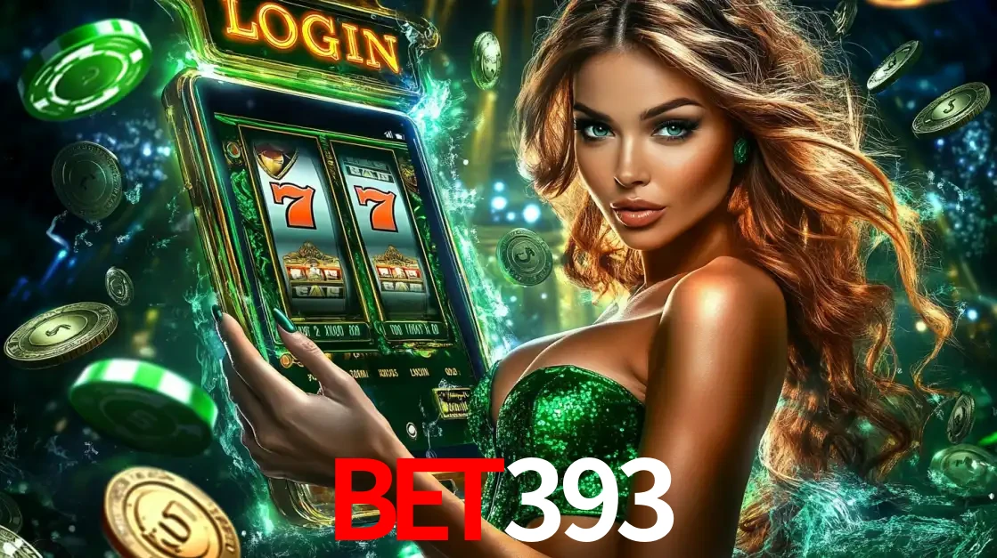Mulher com tema verde apresentando o aplicativo do cassino BET393 com um jogo de slot de 777, cercada por fichas de cassino e uma aura de sorte.