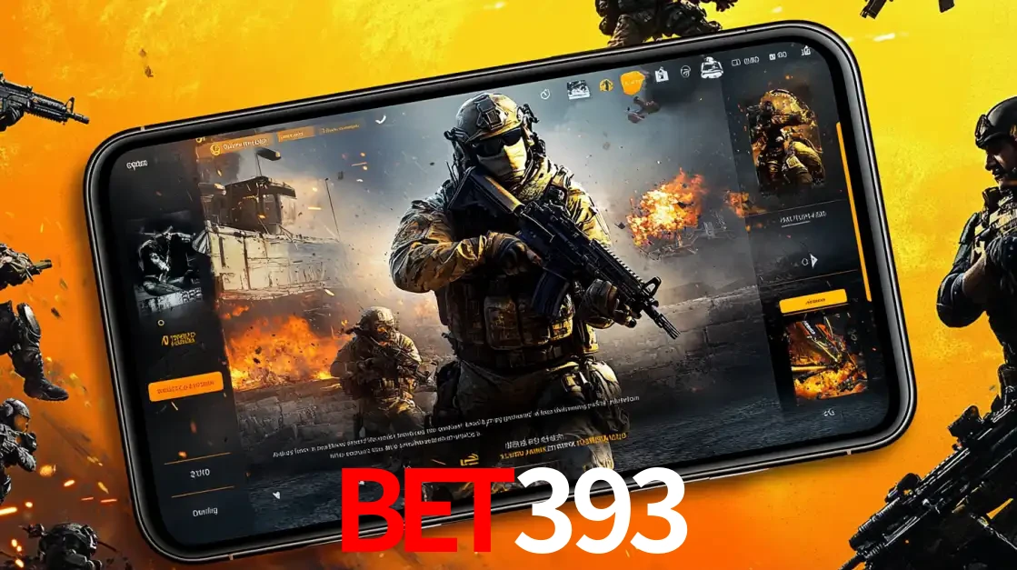 Um smartphone exibindo a interface de um jogo de tiro em primeira pessoa, com um soldado em um cenário de batalha, representando a ação dos e-sports para apostar no BET393.