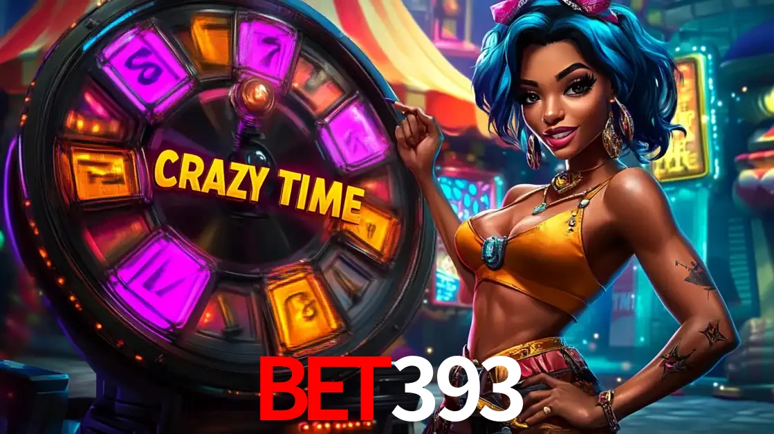 Mulher estilizada com cabelo azul e visual vibrante posando ao lado da roda de prêmios do game show Crazy Time, convidando para a diversão e os bônus do cassino BET393.