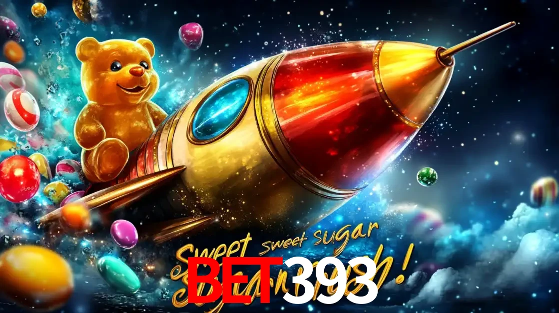 Arte promocional do jogo de slot Sugar Rush, com um urso de pelúcia em um foguete viajando pelo espaço de doces, um dos jogos divertidos disponíveis no cassino BET393.