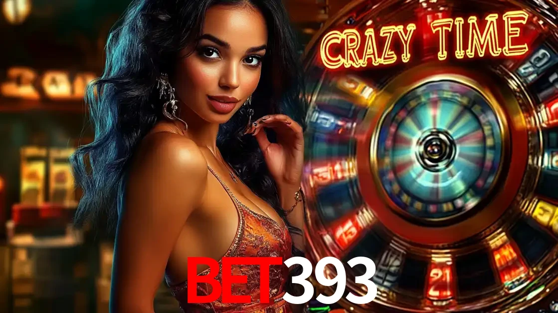 Mulher elegante ao lado da vibrante roda da fortuna do jogo de cassino ao vivo Crazy Time, um dos game shows mais populares e cheios de prêmios do BET393.