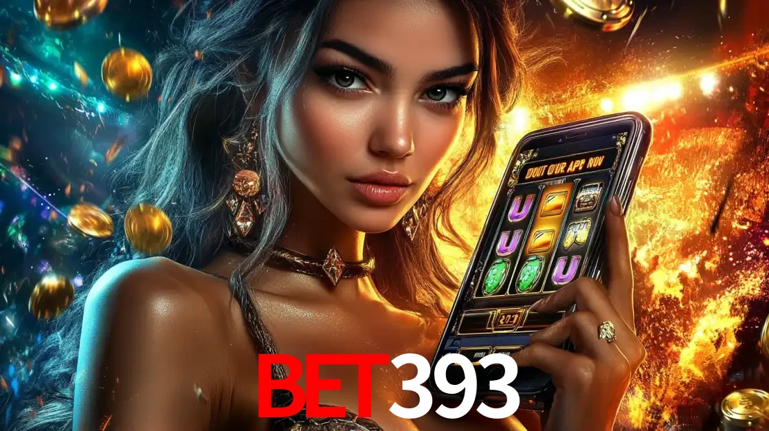 Mulher elegante mostrando um jogo de caça-níqueis em seu smartphone, destacando a experiência de cassino móvel oferecida pelo aplicativo BET393.