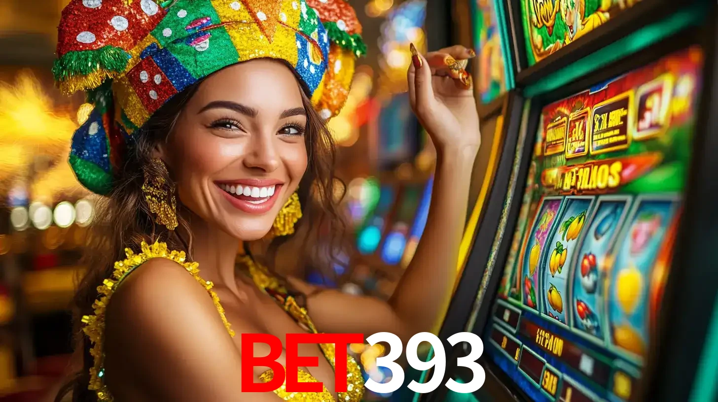 Mulher feliz com traje de carnaval amarelo e colorido ao lado de uma máquina de caça-níqueis, aproveitando a diversão e os jogos temáticos do cassino BET393.