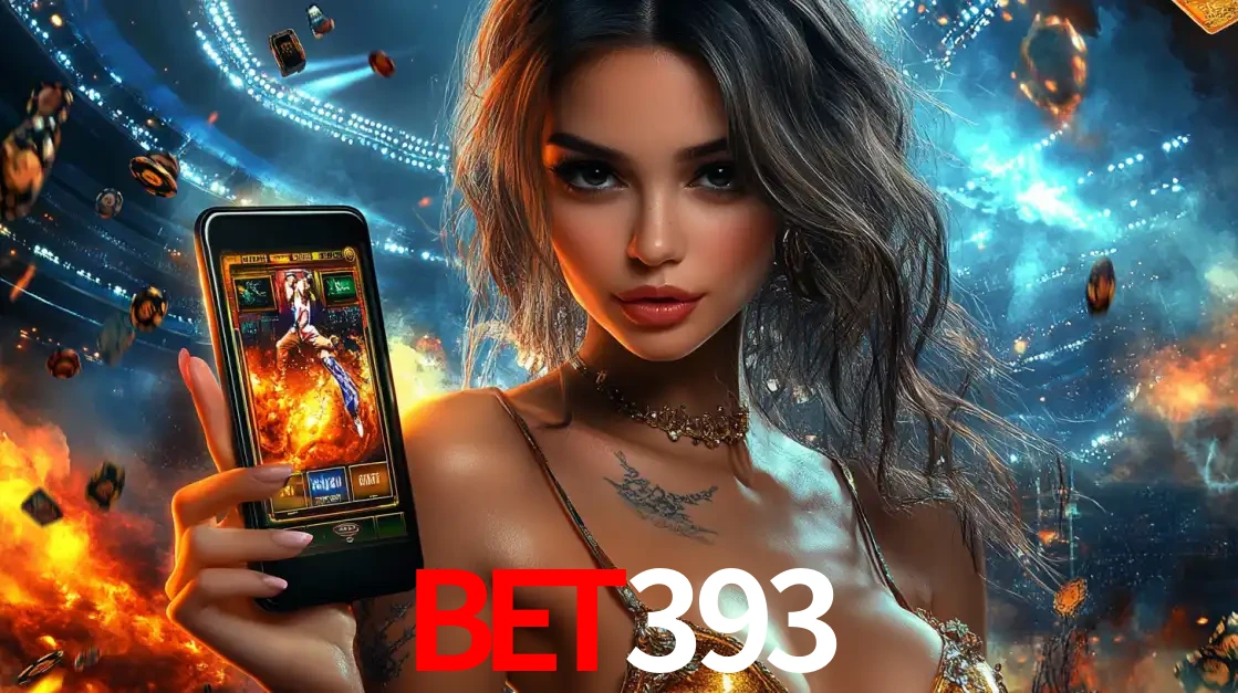 Mulher segurando um celular com um jogo de slot em destaque, tendo como fundo um estádio vibrante, simbolizando a emoção de jogar no cassino móvel BET393.