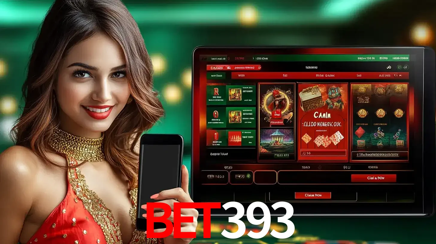Mulher sorridente segurando um smartphone, ao lado de uma tela exibindo o lobby de jogos do cassino online BET393, com várias opções de jogos de cartas e slots.